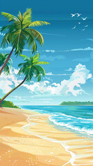 Summer drawing tropical beach landscape with sea and palms.