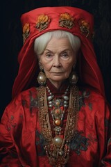 Elderly woman in ornate red and gold costume
