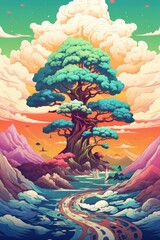Fantastical landscape with vibrant tree of life