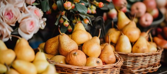 Ripe pears in baskets with vintage decor at rustic kitchen warehouse, creating cozy farmhouse vibes - obrazy, fototapety, plakaty