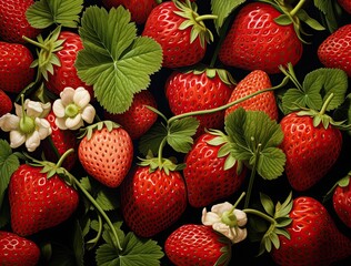 Vibrant red strawberries with green leaves and white flowers
