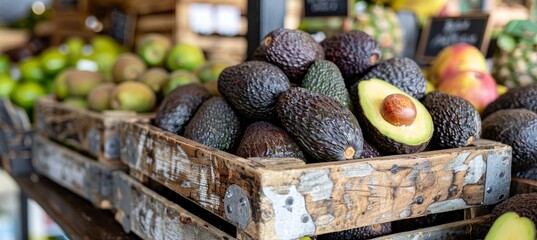 Ripe avocados in wooden crates among fresh fruits for vibrant market display concept
