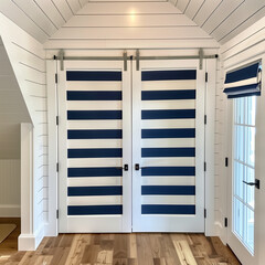 Fototapeta premium Nautical Attic Doors with Navy-Striped Canvas: Coastal Charm with a Sailor's Touch