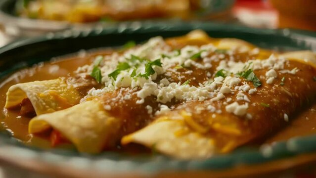 A plate of enchiladas with cheese and green herbs