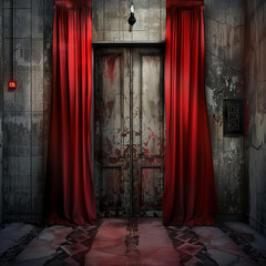 Theater Backstage Doors with Dramatic Red Curtains