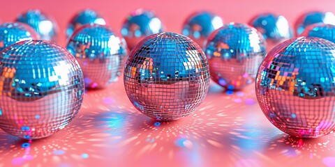 Vibrant Disco Balls Reflecting Light on a Neon Pink Background
