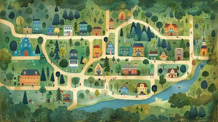 Artistic illustration of a charming village, featuring colorful houses, winding paths, and lush greenery, capturing the essence of a peaceful rural life.