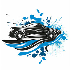 car wash logo; car model with water splashes; black. blue and white; modern illustration.