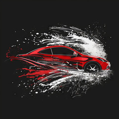 car wash logo; car model with water splashes; black, red and white; modern illustration.