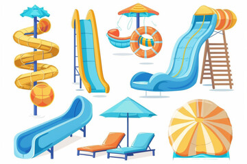 Water slide for swimming pool in summer aquapark vector. Waterslide twist tube, inflatable ball and sunbed element set for playground on vacation. Extreme attraction for holiday and resort leisure vec