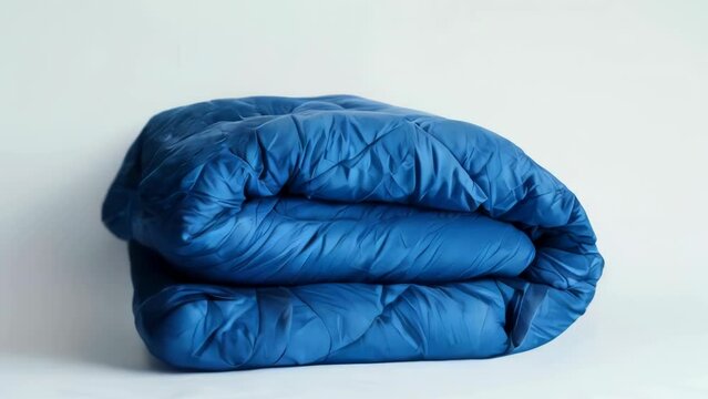 A blue blanket is folded up on a white surface