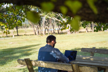 Fototapeta premium Man working remotely on a wooden bench under a tree