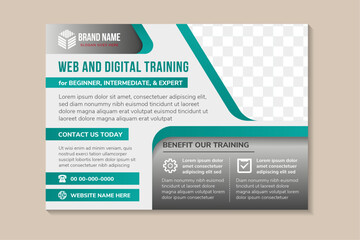 flyer template design with headline is web and digital training. space of photo collage and text. Advertising banner with horizontal layout. green gradient and white element in grey silver background.