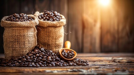 Rustic coffee beans display with wooden spoons and bags on dark background for a cozy ambiance