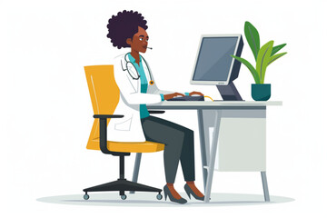 Woman doctor in hospital desk with computer vector. Clinic table for healthcare professional character. Diagnosis, checkup and treatment online appointment to consult with female african therapist vec