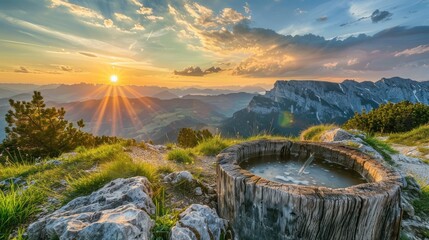 Idyllic landscape in the summer against sunset sky, in Wetterstein mountains. Mountain fountain made from a wooden trunk.