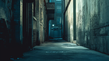 Fototapeta premium Dark alley with a grunge wall, Moody atmosphere, Gritty urban setting