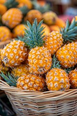 Fresh pineapples in baskets  beachside fruit stand warehouse under clear blue sky