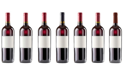Set of red wine bottle with white label isolated on white background, png transparent