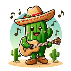 Cute colorful summer cactus with sombrero and guitar in flat design