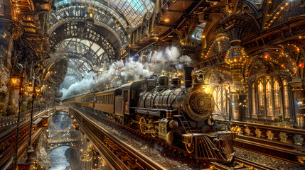 Steampunk train station with vintage locomotive and smoke billowing, ornate fantasy golden glowing lights