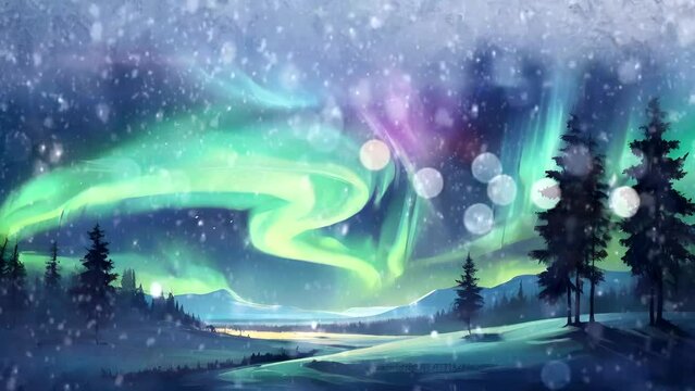 Beautiful arctic aurora in the night sky. Bright aurora borealis. Winter landscape in the northern regions. Snowy valley. Spruce trees in snowdrifts.