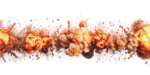 Carpet bombing explosions isolated on transparent background.
