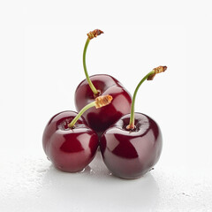 Three glossy cherries with stems, on a reflective surface, showcasing freshness and natural beauty