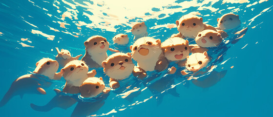 A group of otters holding hands while floating, cute animal cartoon