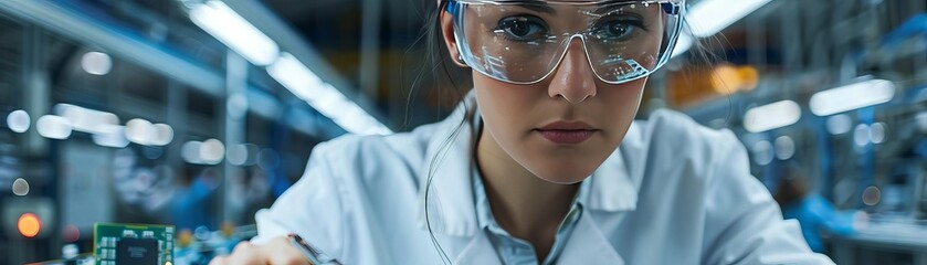 Confident female engineer examining large computer chip in manufacturing industry - obrazy, fototapety, plakaty