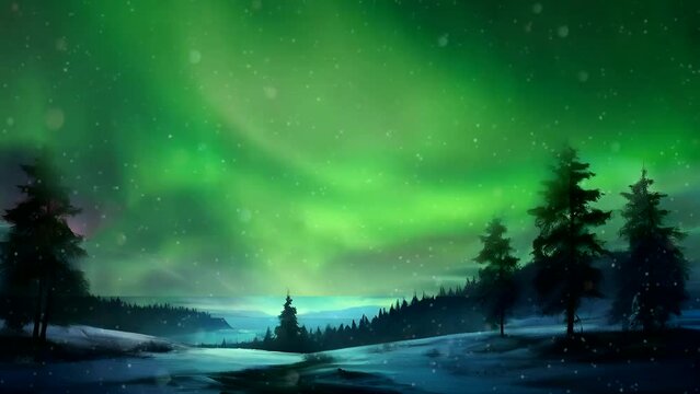 Arctic aurora borealis over night lake in starry sky, polar lights natural landscape. Northern amazing iridescent glowing wavy illumination shining abov