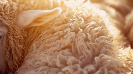 Sheep's wool, close up, soft texture visible, warm afternoon sunlight, peaceful setting 
