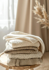 Close-up of sweaters on a small round table. Light beige knitted sweaters with textures and tones...