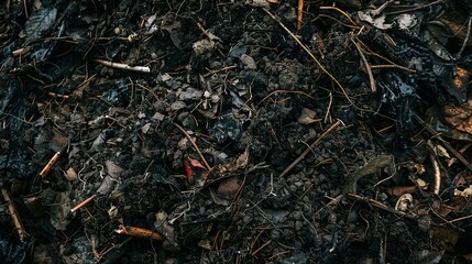 Organic compost pile, close up, detailed texture of decomposing material, overcast day 