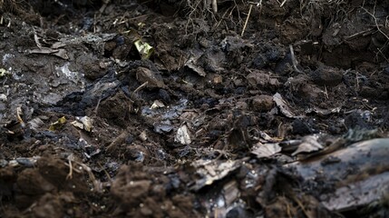 Fototapeta premium Organic compost pile, close up, detailed texture of decomposing material, overcast day 