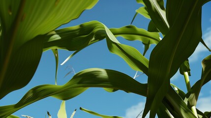Organic cornstalks, close up, lush green against blue sky, focus on healthy leaves 
