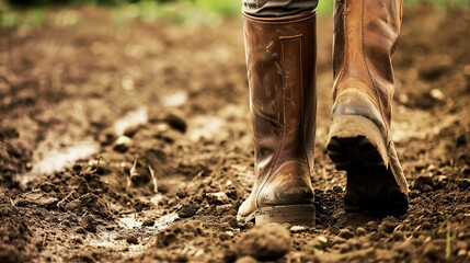 Farmer's boots in organic soil, close up, focus on earth and footwear, natural farming scene --ar 16:9 --stylize 0 Job ID: 1483fbf6-2e56-46b5-ac39-472a1948661
