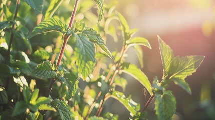 Close up on organic herbal garden, focus on mint leaves, vibrant colors, clear afternoon 