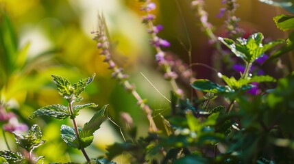 Close up on organic herbal garden, focus on mint leaves, vibrant colors, clear afternoon