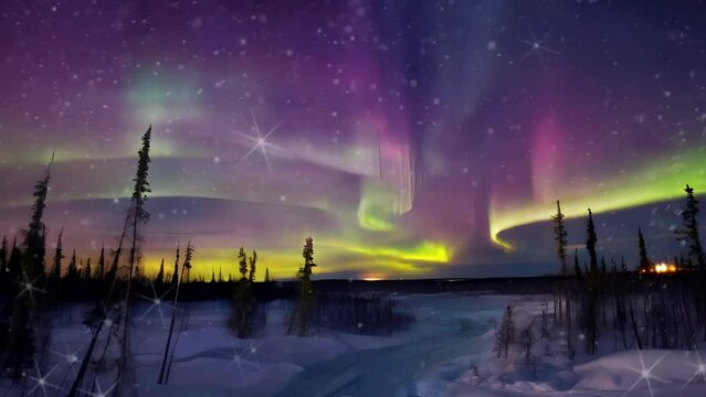 aurora over snow river