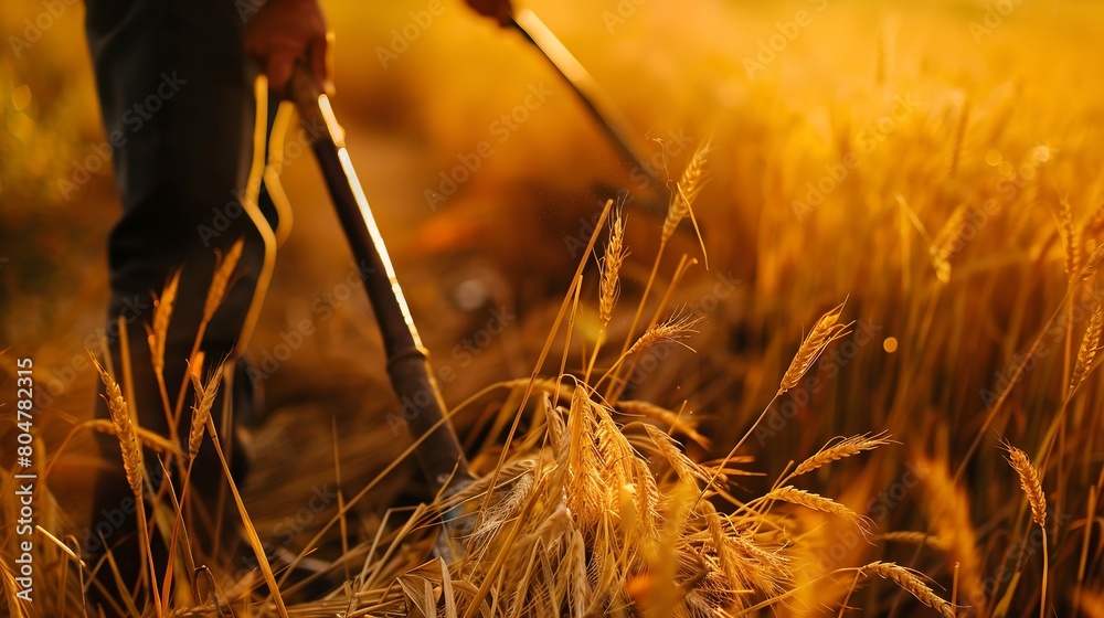 Poster Farmer harvesting wheat, close up of scythe and golden stalks, late afternoon sun