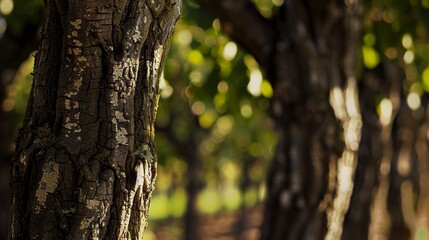 Orchard rows, close up, focus on tree bark textures, filtered light through leaves 