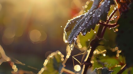 Vineyard at sunrise, close up on dew-covered vines, focus on droplets and leaves 