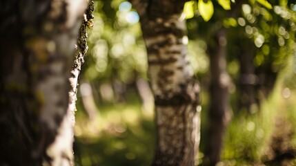 Obraz premium Orchard rows, close up, focus on tree bark textures, filtered light through leaves 