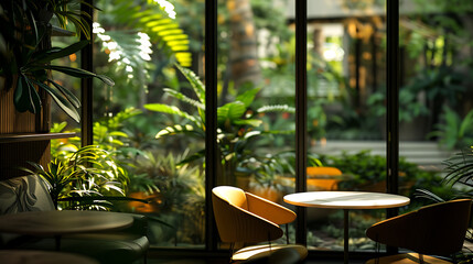 Coffee shop with botanical elements, glass wall, greenery and inviting guests to relax