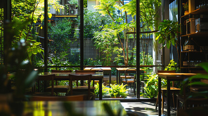 Coffee shop with botanical elements, glass wall, greenery and inviting guests to relax