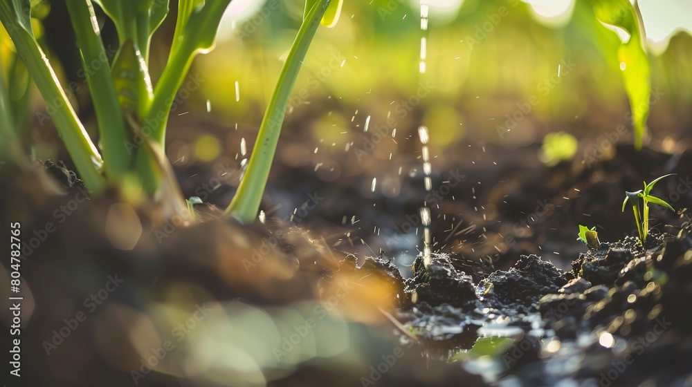 Wall mural Subsurface drip irrigation, close up, soil being moistened, focus on wet earth texture