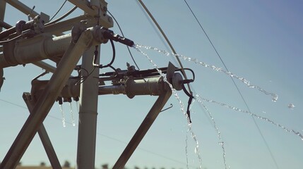 Automated pivot irrigation system in field, close up, focus on water jets, clear blue sky 
