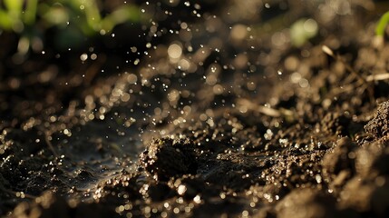 Subsurface drip irrigation, close up, soil being moistened, focus on wet earth texture -