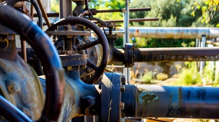 Water pump station for irrigation, close up, focus on machinery and pipes, bright daylight 
